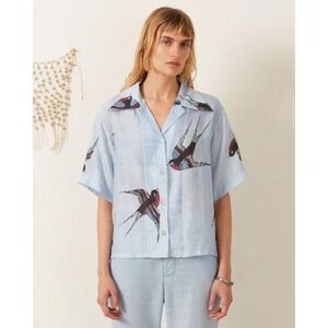 Alix Of Bohemia Stevie Swallow Silk Shirt Blue Bird Print Medium NWT Swallow